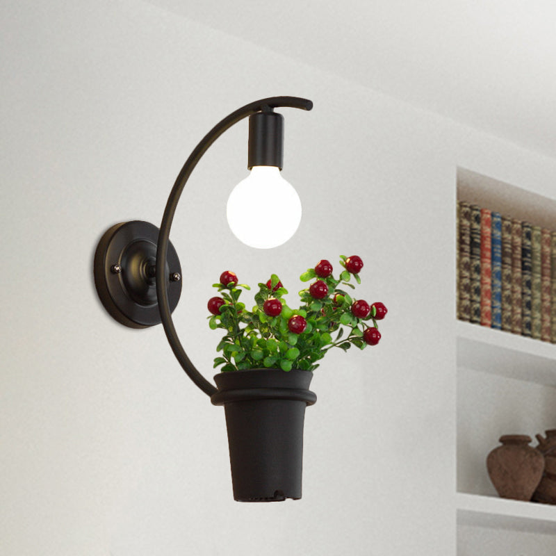 Frendorf | Exposed Bulb Metall Wandlampe mit Topfdekoration Lodge Stil 1 Licht Restaurant Wandbeleuchtung in Schwarz, 3"/4" B