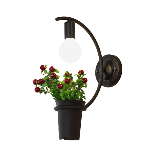 Frendorf | Exposed Bulb Metall Wandlampe mit Topfdekoration Lodge Stil 1 Licht Restaurant Wandbeleuchtung in Schwarz, 3"/4" B