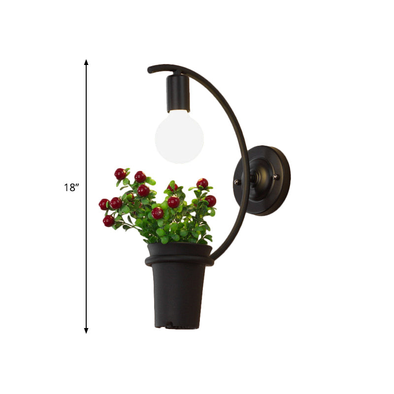 Frendorf | Exposed Bulb Metall Wandlampe mit Topfdekoration Lodge Stil 1 Licht Restaurant Wandbeleuchtung in Schwarz, 3"/4" B