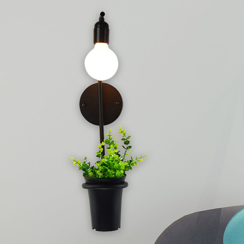 Frendorf | Exposed Bulb Metall Wandlampe mit Topfdekoration Lodge Stil 1 Licht Restaurant Wandbeleuchtung in Schwarz, 3"/4" B