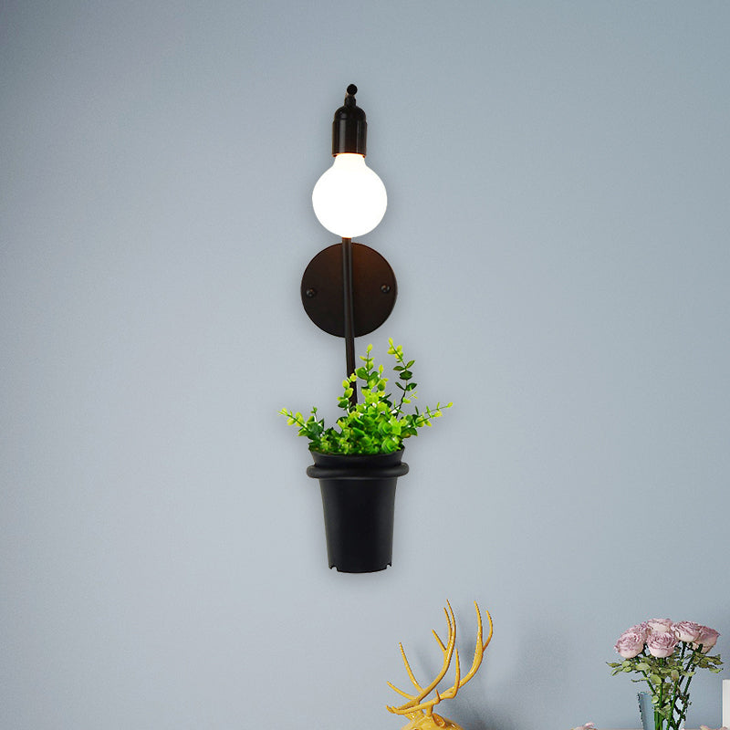 Frendorf | Exposed Bulb Metall Wandlampe mit Topfdekoration Lodge Stil 1 Licht Restaurant Wandbeleuchtung in Schwarz, 3"/4" B