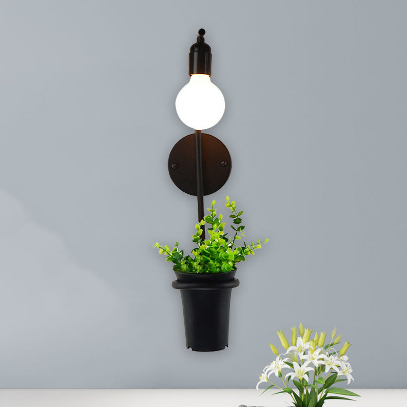 Frendorf | Exposed Bulb Metall Wandlampe mit Topfdekoration Lodge Stil 1 Licht Restaurant Wandbeleuchtung in Schwarz, 3"/4" B