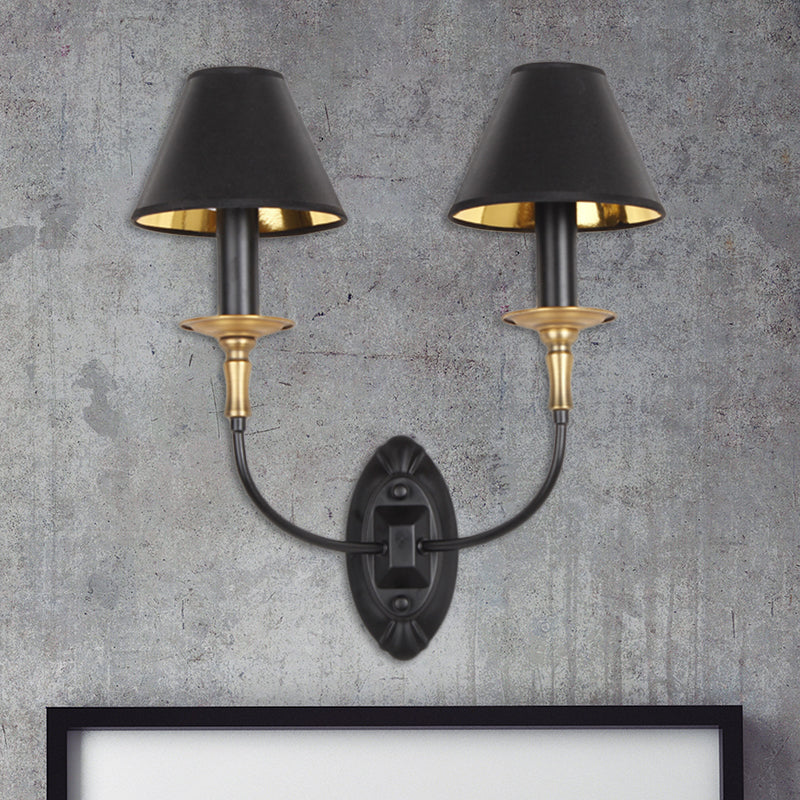 Frendorf | Schwarze Fertig 1/2-Licht Wandbeleuchtung Industriestil Stoff- und Metallkegel Wandmontageleuchte für Schlafzimmer