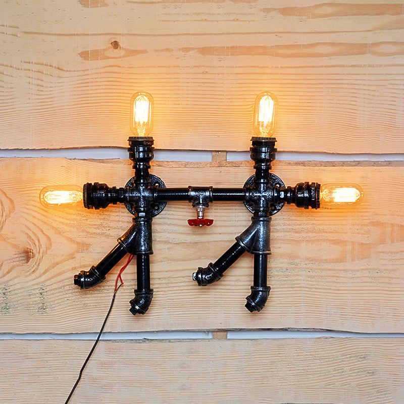 Frendorf | 4 Flammen Wandleuchte Lampen Industriestil Wasserrohr Schmiedeeisen Wandbeleuchtung mit offener Glühbirne in Schwarz