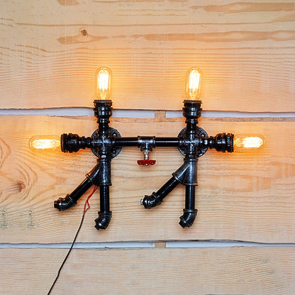 Frendorf | 4 Flammen Wandleuchte Lampen Industriestil Wasserrohr Schmiedeeisen Wandbeleuchtung mit offener Glühbirne in Schwarz