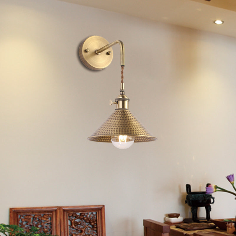Frendorf | Gehämmert Kegel Metall Wandlampe Industrie 1 Kopf Wohnzimmer Wandleuchte Licht Fixture in Antikes Messing/Gebürstetes Messing