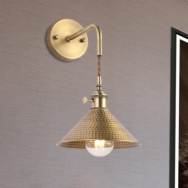 Frendorf | Gehämmert Kegel Metall Wandlampe Industrie 1 Kopf Wohnzimmer Wandleuchte Licht Fixture in Antikes Messing/Gebürstetes Messing