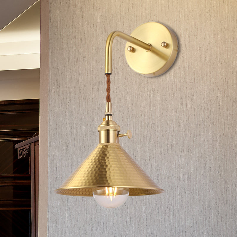 Frendorf | Gehämmert Kegel Metall Wandlampe Industrie 1 Kopf Wohnzimmer Wandleuchte Licht Fixture in Antikes Messing/Gebürstetes Messing