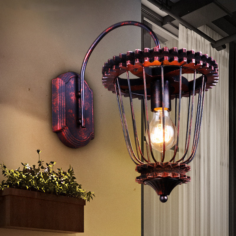 Frendorf | 1 Kopf Wand Sconces Licht Rustikaler Stil Eingekäfigte Schmiedeeisen Wandmontage Licht mit Zahnraddesign in Wetterkupfer