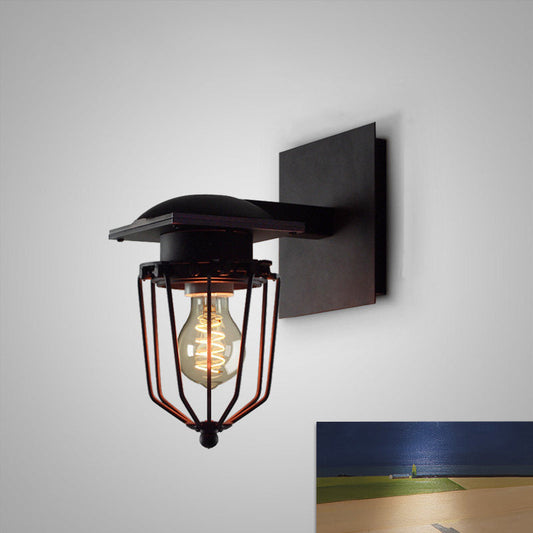 Frendorf | 1 Glühlampe Wandleuchte mit Käfigschirm Metallische Industrie Retro Flur Wandmontage Licht in Schwarz
