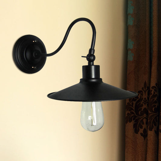Frendorf | Schwarze Flared Wandmontageleuchte mit Metallschirm und Gooseneck Industriedesign 1 Licht Wandleuchte