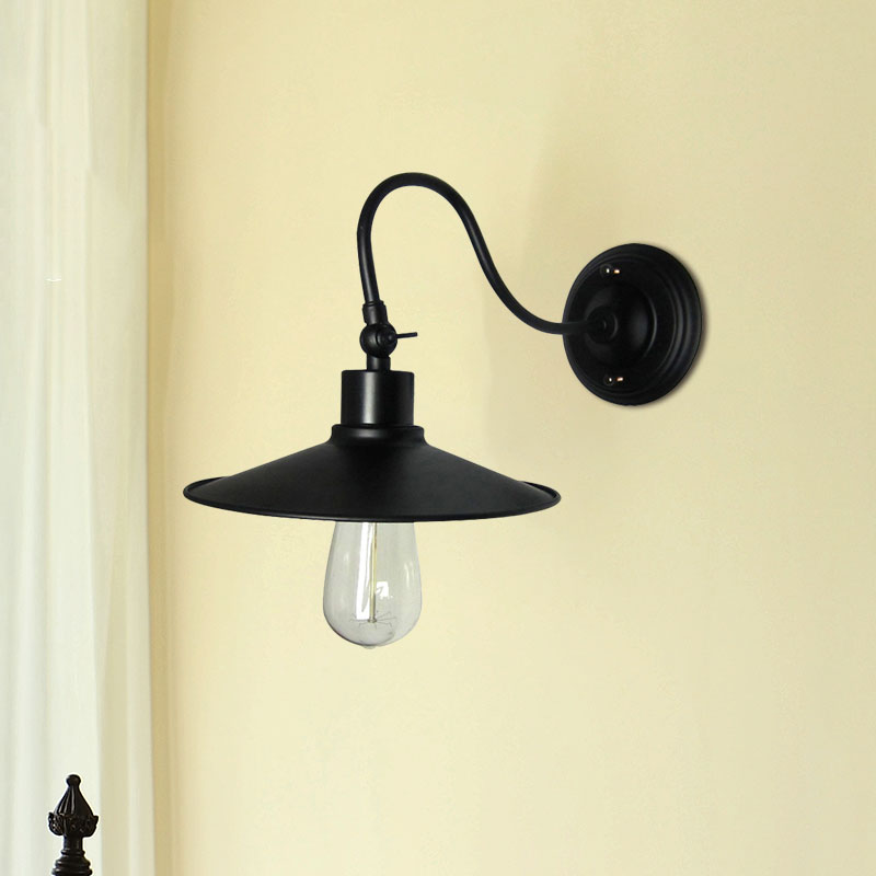 Frendorf | Schwarze Flared Wandmontageleuchte mit Metallschirm und Gooseneck Industriedesign 1 Licht Wandleuchte