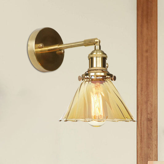 Frendorf | Industrielle Vintage Kegel Wandlampe Amber Rüschenglas Einstellbar 1 Licht Wandleuchte
