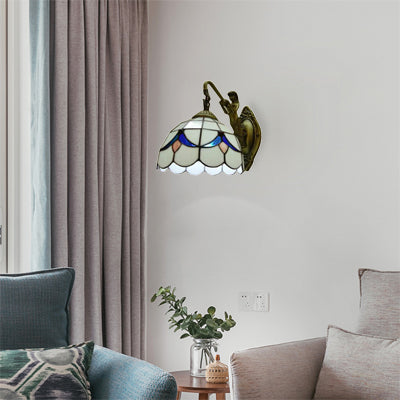 Frendorf | 1 Kopf Dome Wandleuchte Barock Weiß/Beige Glas Wandmontage Beleuchtung mit Meerjungfrau Rückplatte, 6"/8" Breite