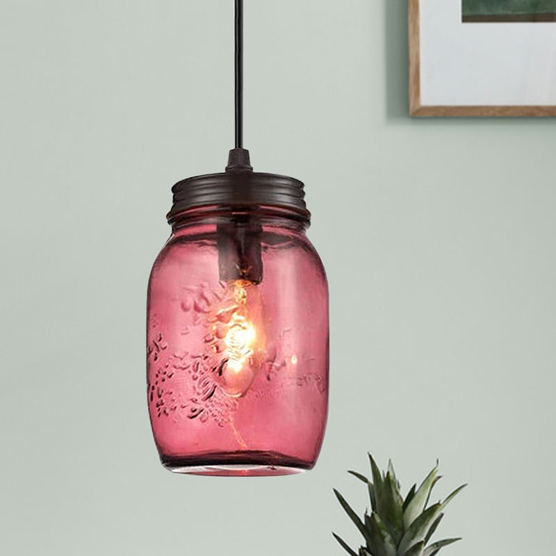1-Light Pendelleuchte Moderne Käfig Mason Jar Geblasenes Glas Hängelampe in Rot/Grün/Amber