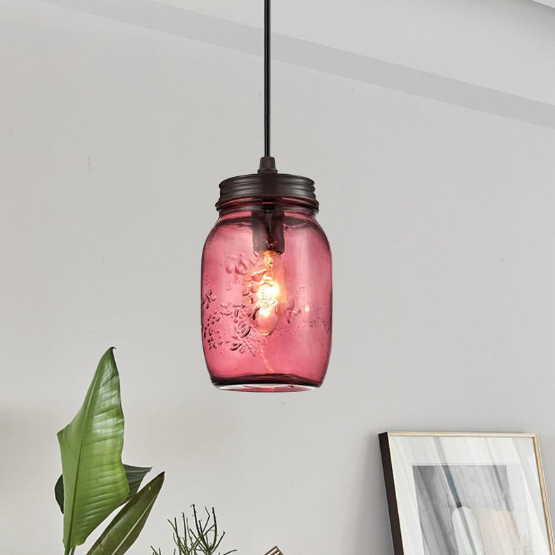 1-Light Pendelleuchte Moderne Käfig Mason Jar Geblasenes Glas Hängelampe in Rot/Grün/Amber