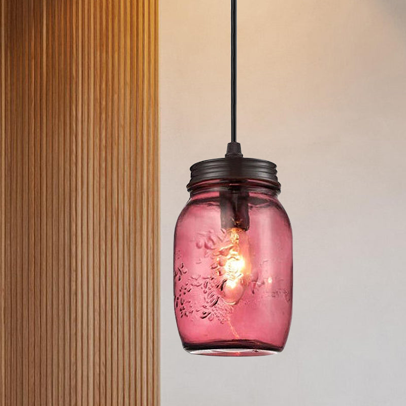 1-Light Pendelleuchte Moderne Käfig Mason Jar Geblasenes Glas Hängelampe in Rot/Grün/Amber