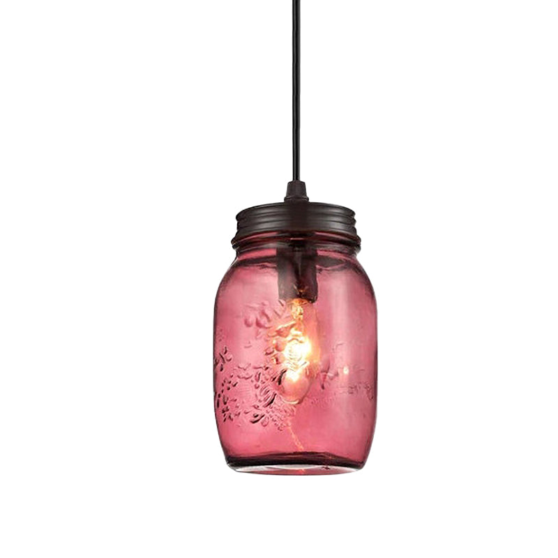 1-Light Pendelleuchte Moderne Käfig Mason Jar Geblasenes Glas Hängelampe in Rot/Grün/Amber