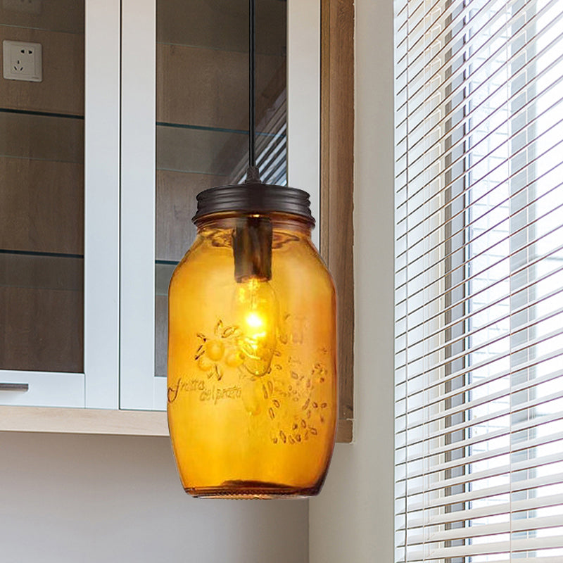 1-Light Pendelleuchte Moderne Käfig Mason Jar Geblasenes Glas Hängelampe in Rot/Grün/Amber