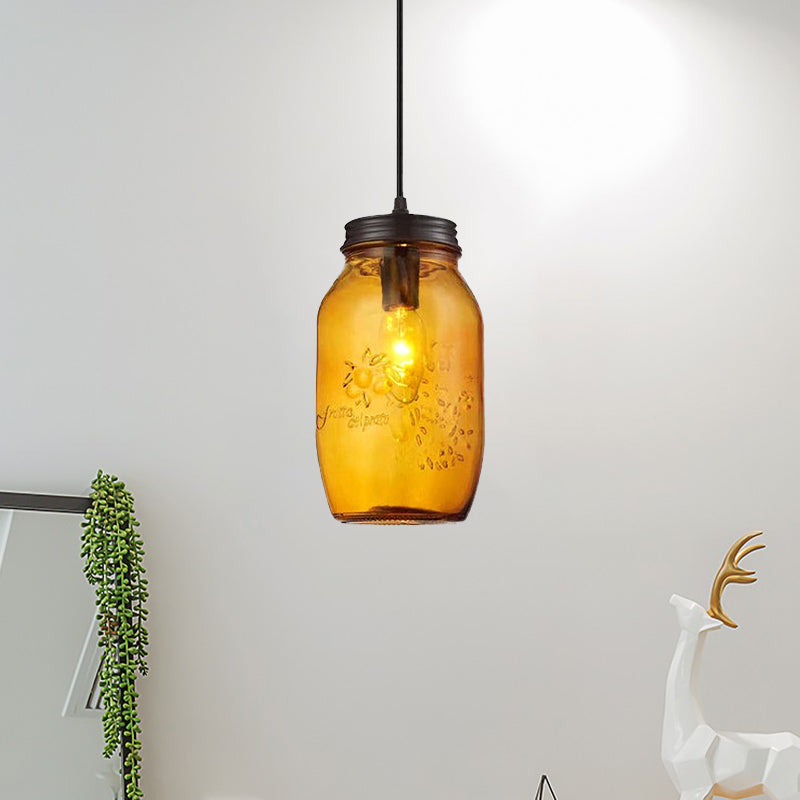 1-Light Pendelleuchte Moderne Käfig Mason Jar Geblasenes Glas Hängelampe in Rot/Grün/Amber