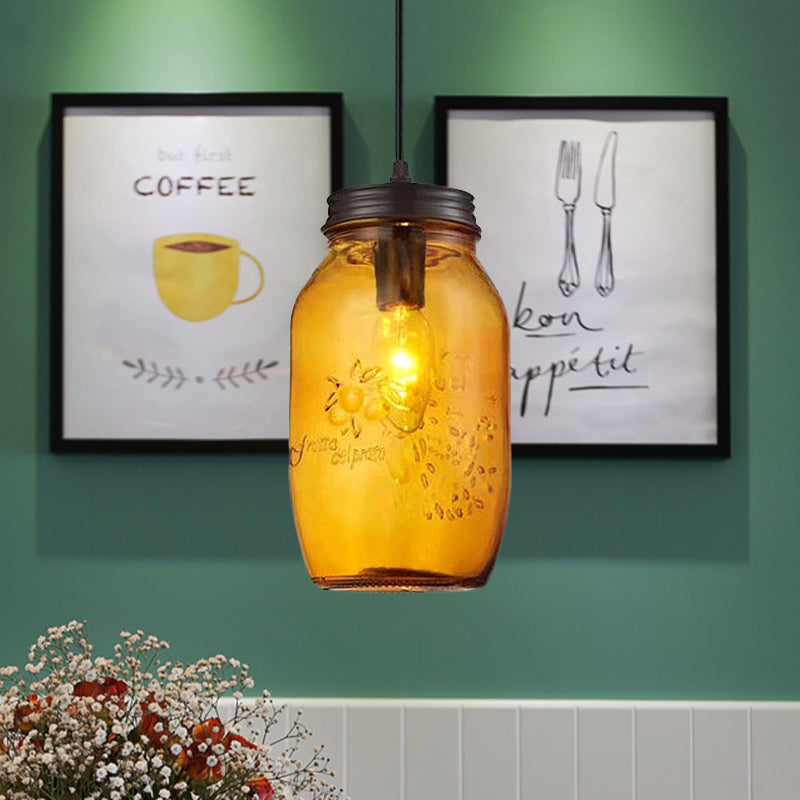 1-Light Pendelleuchte Moderne Käfig Mason Jar Geblasenes Glas Hängelampe in Rot/Grün/Amber
