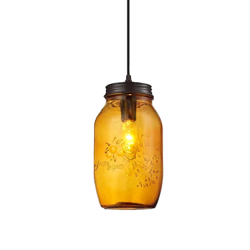 1-Light Pendelleuchte Moderne Käfig Mason Jar Geblasenes Glas Hängelampe in Rot/Grün/Amber