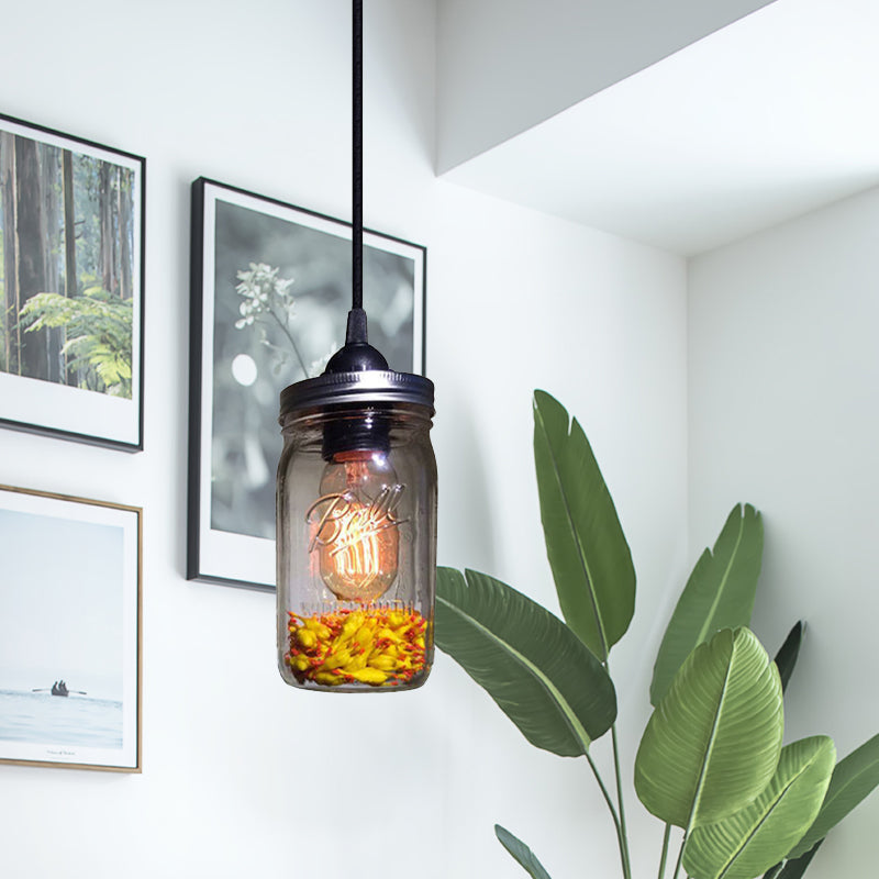 1-Light Pendelleuchte Moderne Käfig Mason Jar Geblasenes Glas Hängelampe in Rot/Grün/Amber