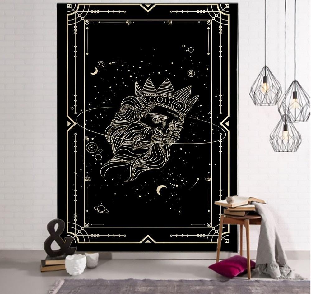 Verzauberung Tarot Wandteppich Kunst - Schwarze und Khaki Sonne, Mond, Stern Universum Geometrisches Design für Wohnheim und Wohnkultur