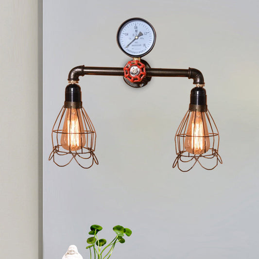 Frendorf | 2 Glübirnen Drahtrahmen Wandmontage Licht mit Druckmesser Deco Antik Stil Schwarzes Metall Wandbeleuchtung