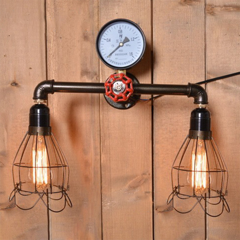 Frendorf | 2 Glübirnen Drahtrahmen Wandmontage Licht mit Druckmesser Deco Antik Stil Schwarzes Metall Wandbeleuchtung