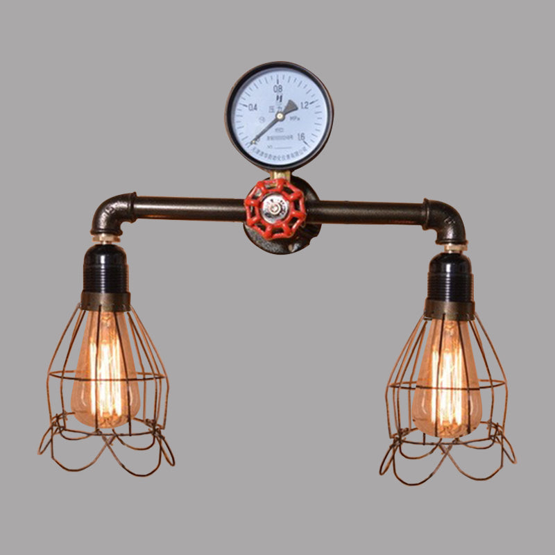 Frendorf | 2 Glübirnen Drahtrahmen Wandmontage Licht mit Druckmesser Deco Antik Stil Schwarzes Metall Wandbeleuchtung