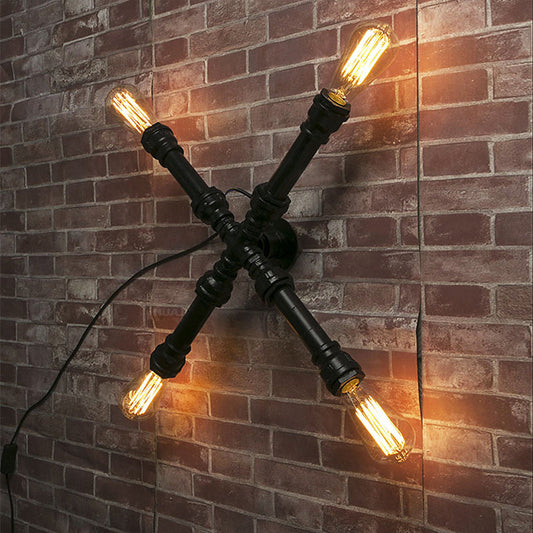 Frendorf | 4 Glühbirnen X-förmige Wandbeleuchtung mit Wasserrohr Industrie Schwarz Finish Schmiedeeisen Wandlampe