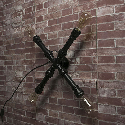 Frendorf | 4 Glühbirnen X-förmige Wandbeleuchtung mit Wasserrohr Industrie Schwarz Finish Schmiedeeisen Wandlampe
