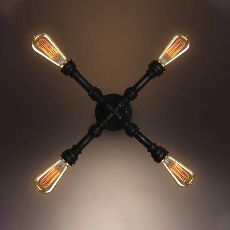 Frendorf | 4 Glühbirnen X-förmige Wandbeleuchtung mit Wasserrohr Industrie Schwarz Finish Schmiedeeisen Wandlampe