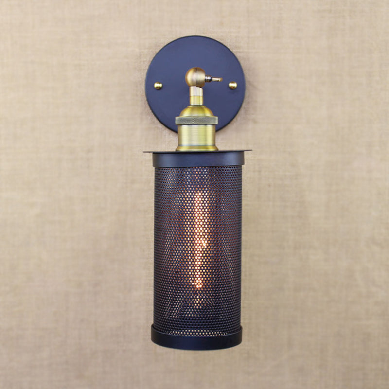 Frendorf | Cylindrische Mesh Metalen Schaduw Muurverlichting Boerderij 1 Licht Corridor Wandlamp in Zwart/Messing