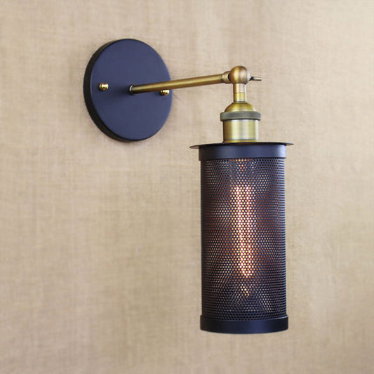 Frendorf | Cylindrische Mesh Metalen Schaduw Muurverlichting Boerderij 1 Licht Corridor Wandlamp in Zwart/Messing