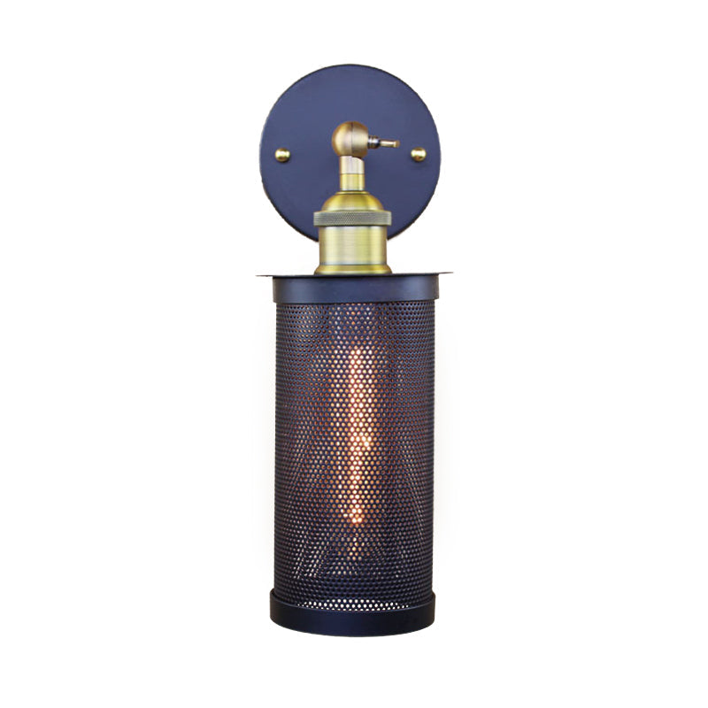 Frendorf | Cylindrische Mesh Metalen Schaduw Muurverlichting Boerderij 1 Licht Corridor Wandlamp in Zwart/Messing