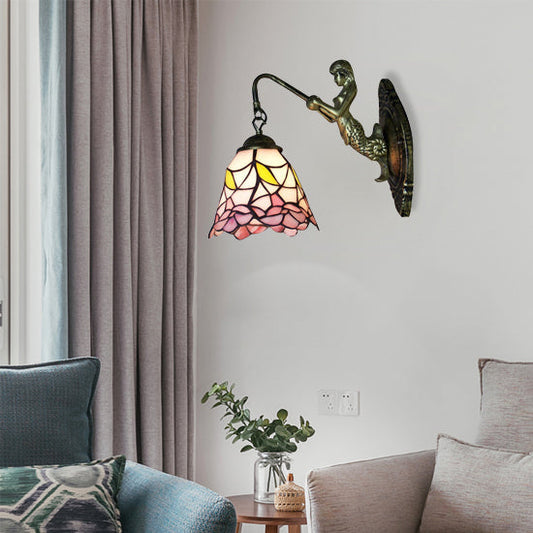 Frendorf | Uitlopende Glas-in-lood Wandlamp Barok 1 Hoofd Zwart/Brass Muurbevestigde Verlichtingsarmatuur