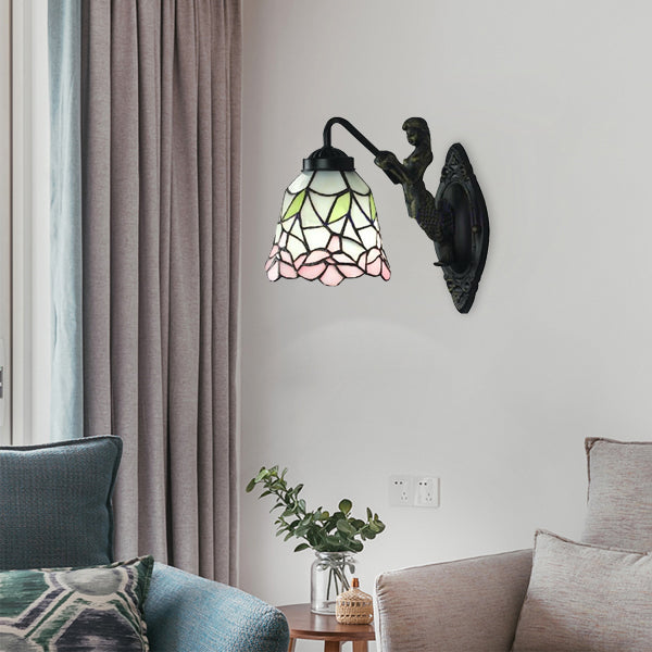 Frendorf | Uitlopende Glas-in-lood Wandlamp Barok 1 Hoofd Zwart/Brass Muurbevestigde Verlichtingsarmatuur