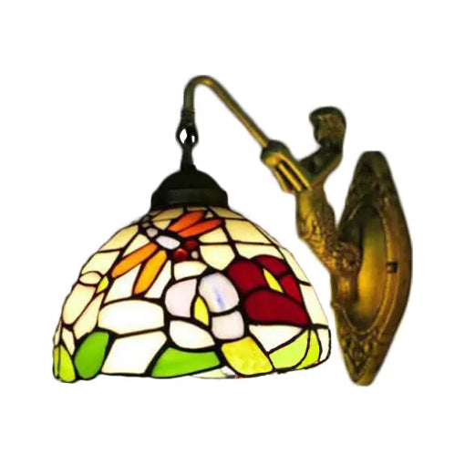 Frendorf | Dome Wandlamp Armatuur Barok Gevlekte Glas 1 Hoofd Bronzen Wandlamp met Bloem/Libel/Ochtendglorie Patroon