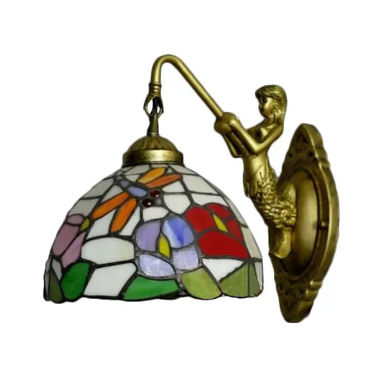 Frendorf | Dome Wandlamp Armatuur Barok Gevlekte Glas 1 Hoofd Bronzen Wandlamp met Bloem/Libel/Ochtendglorie Patroon