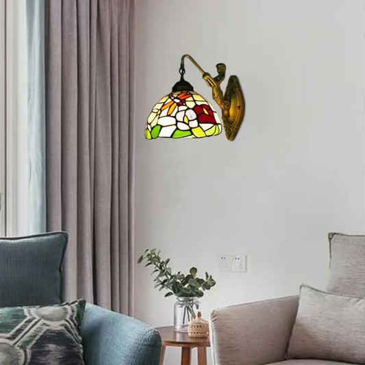 Frendorf | Dome Wandlamp Armatuur Barok Gevlekte Glas 1 Hoofd Bronzen Wandlamp met Bloem/Libel/Ochtendglorie Patroon
