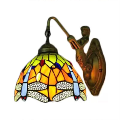 Frendorf | Dome Wandlamp Armatuur Barok Gevlekte Glas 1 Hoofd Bronzen Wandlamp met Bloem/Libel/Ochtendglorie Patroon