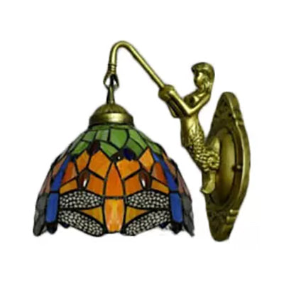 Frendorf | Dome Wandlamp Armatuur Barok Gevlekte Glas 1 Hoofd Bronzen Wandlamp met Bloem/Libel/Ochtendglorie Patroon