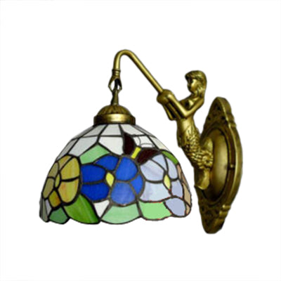 Frendorf | Dome Wandlamp Armatuur Barok Gevlekte Glas 1 Hoofd Bronzen Wandlamp met Bloem/Libel/Ochtendglorie Patroon