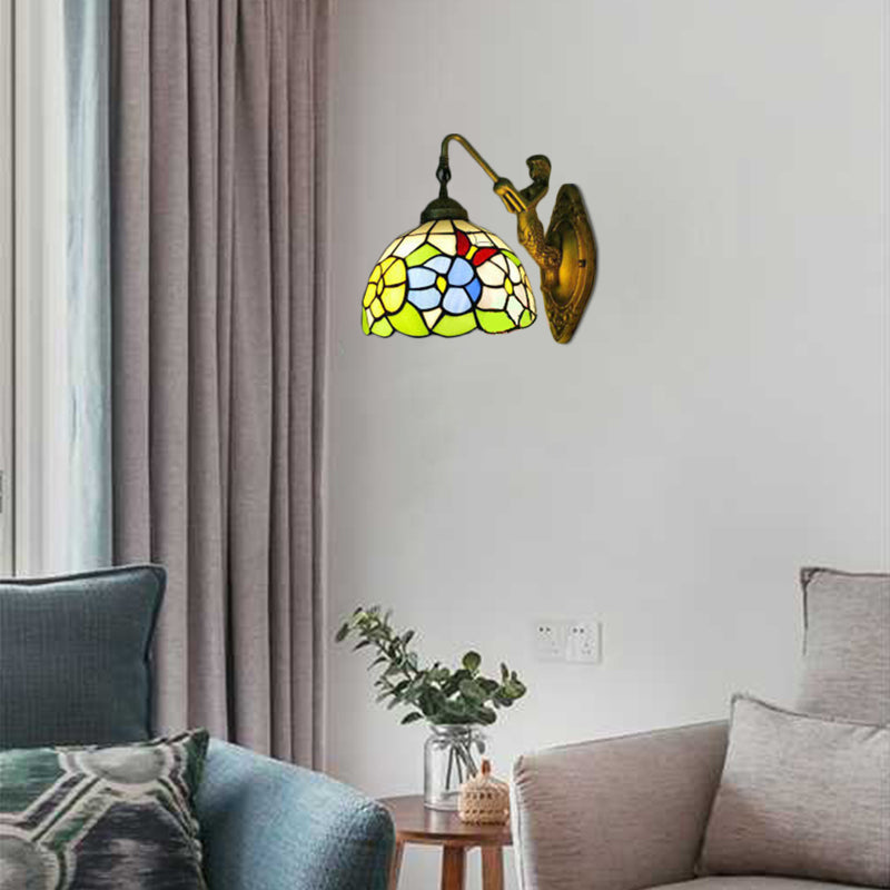 Frendorf | Dome Wandlamp Armatuur Barok Gevlekte Glas 1 Hoofd Bronzen Wandlamp met Bloem/Libel/Ochtendglorie Patroon