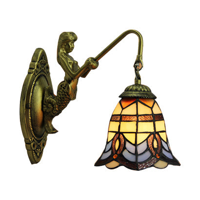 Frendorf | Bell Glas-in-lood Wandlamp Barok 1 Hoofd 6"/8" Breed Brons Muur Gemonteerde Lamp met Zeemeermin Achterplaat