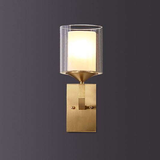 Frendorf | 1-licht wandlamp armatuur koloniale stijl 2-laags cilindrische heldere en opale glas wandverlichting in messing