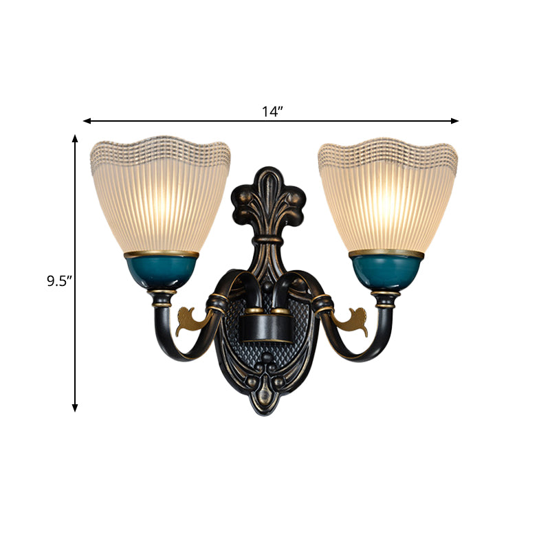 Frendorf | Country Twisted Arm Wandlamp 1/2-Kop Metalen Sconce Lamp in Zwart en Blauw met Dome Frosted Ribbed Glas Shade