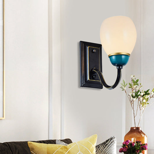 Frendorf | 1/2-Head Globe Wandlamp Fixture Plattelands Zwart en Blauw Opal Glas Wandlicht Sconces met Gebogen Arm